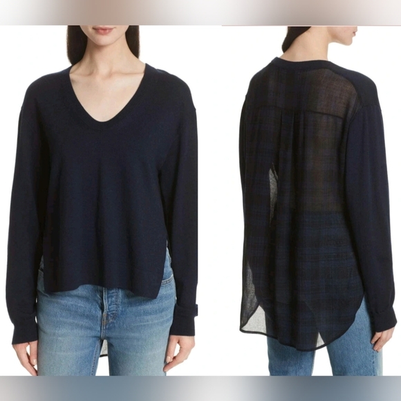 T By Alexander Wang Contrast Hi Low Hem Merino Wool Plaid V-neck Sweater M - Picture 1 of 16